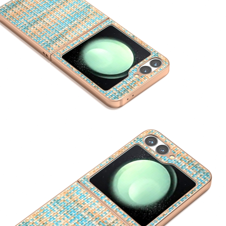For Samsung Galaxy Z Flip6 Electroplated Frame Color Lattice Texture PU Phone Case(Blue) For Samsung Galaxy Z Flip6 Electroplated Frame Color Lattice Texture PU Phone Case(Blue)