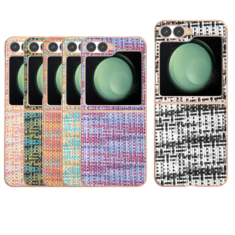For Samsung Galaxy Z Flip6 Electroplated Frame Color Lattice Texture PU Phone Case(Blue) For Samsung Galaxy Z Flip6 Electroplated Frame Color Lattice Texture PU Phone Case(Blue)