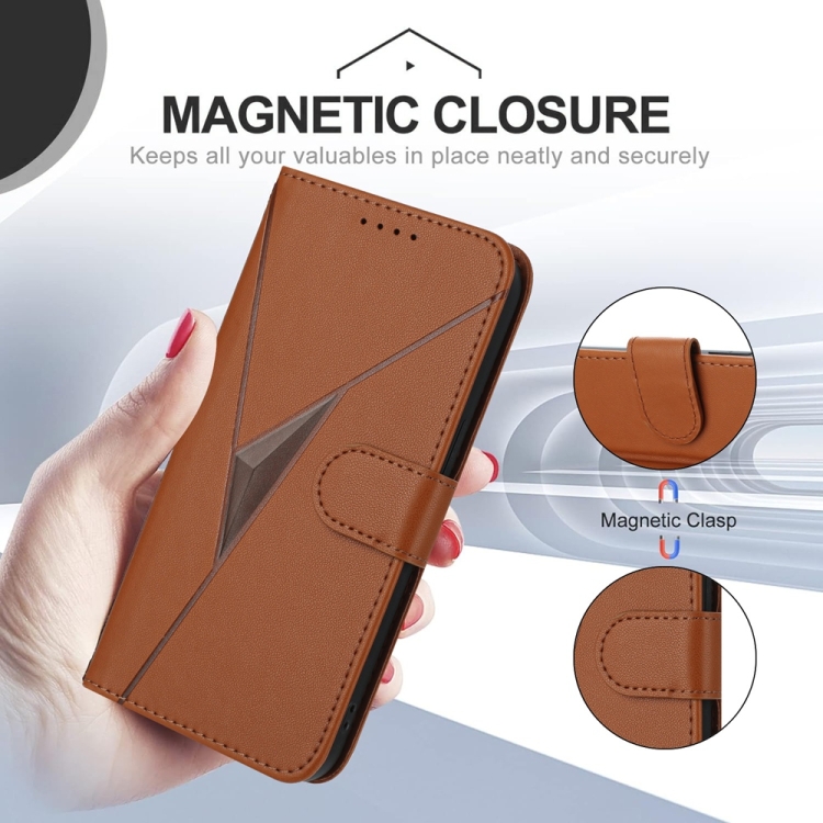 For iPhone 15 Triangle Pattern Buckle Clasp Leather Phone Case(Brown) For iPhone 15 Triangle Pattern Buckle Clasp Leather Phone Case(Brown)