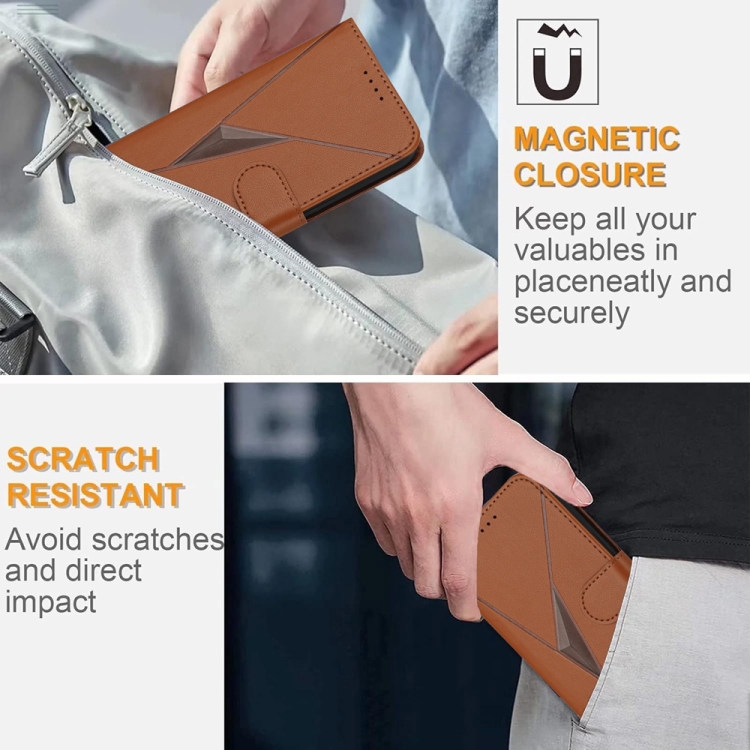 For iPhone 15 Triangle Pattern Buckle Clasp Leather Phone Case(Brown) For iPhone 15 Triangle Pattern Buckle Clasp Leather Phone Case(Brown)