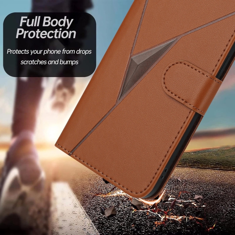 For iPhone 15 Triangle Pattern Buckle Clasp Leather Phone Case(Brown) For iPhone 15 Triangle Pattern Buckle Clasp Leather Phone Case(Brown)