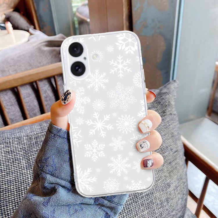 For iPhone 16 Plus Christmas Painted Pattern TPU Transparent Phone Case(Snowflakes)
