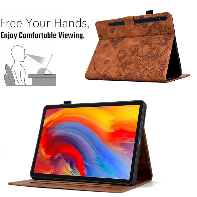 For Samsung Galaxy Tab S9 Flowers and Bird Embossed Smart Leather Tablet Case(Brown) For Samsung Galaxy Tab S9 Flowers and Bird Embossed Smart Leather Tablet Case(Brown)