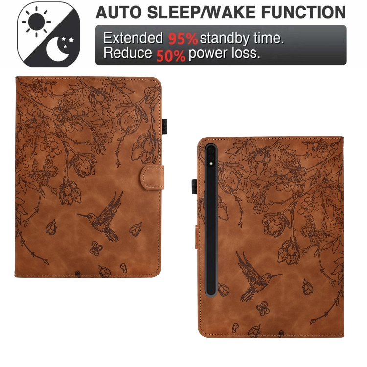 For Samsung Galaxy Tab S9 Flowers and Bird Embossed Smart Leather Tablet Case(Brown) For Samsung Galaxy Tab S9 Flowers and Bird Embossed Smart Leather Tablet Case(Brown)