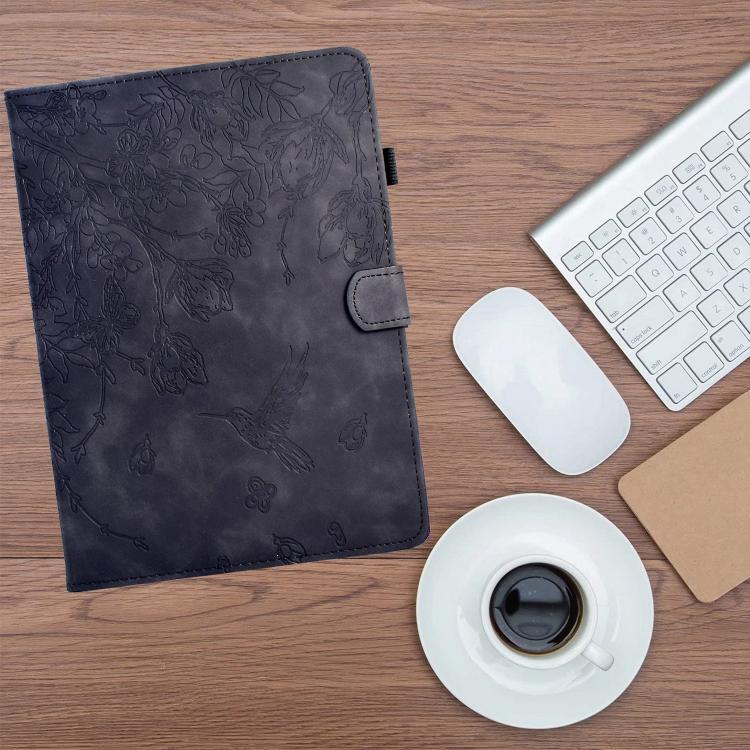 For Samsung Galaxy Tab S11 Flowers and Bird Embossed Smart Leather Tablet Case(Black)