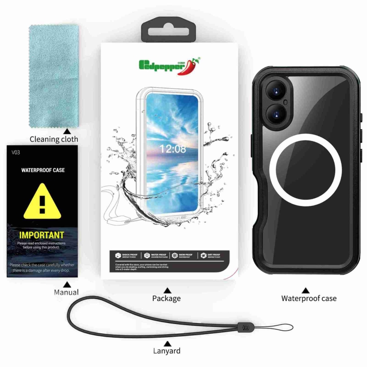 For iPhone 16 RedPepper IP68 Waterproof Triple-proof MagSafe Phone Case(Black Blue) For iPhone 16 RedPepper IP68 Waterproof Triple-proof MagSafe Phone Case(Black Blue)