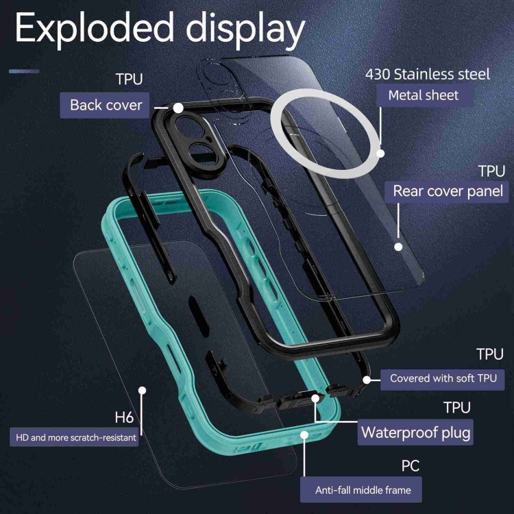 For iPhone 16 RedPepper IP68 Waterproof Triple-proof MagSafe Phone Case(Black Blue) For iPhone 16 RedPepper IP68 Waterproof Triple-proof MagSafe Phone Case(Black Blue)