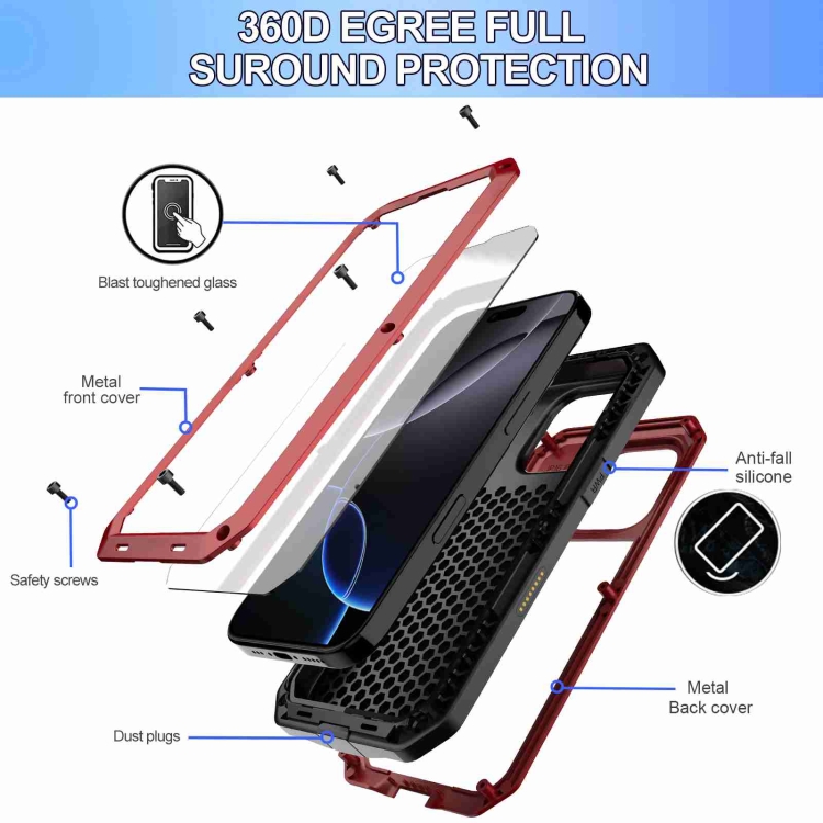 For iPhone 16 Pro RedPepper Triple-proof Metal Phone Case(Red) For iPhone 16 Pro RedPepper Triple-proof Metal Phone Case(Red)