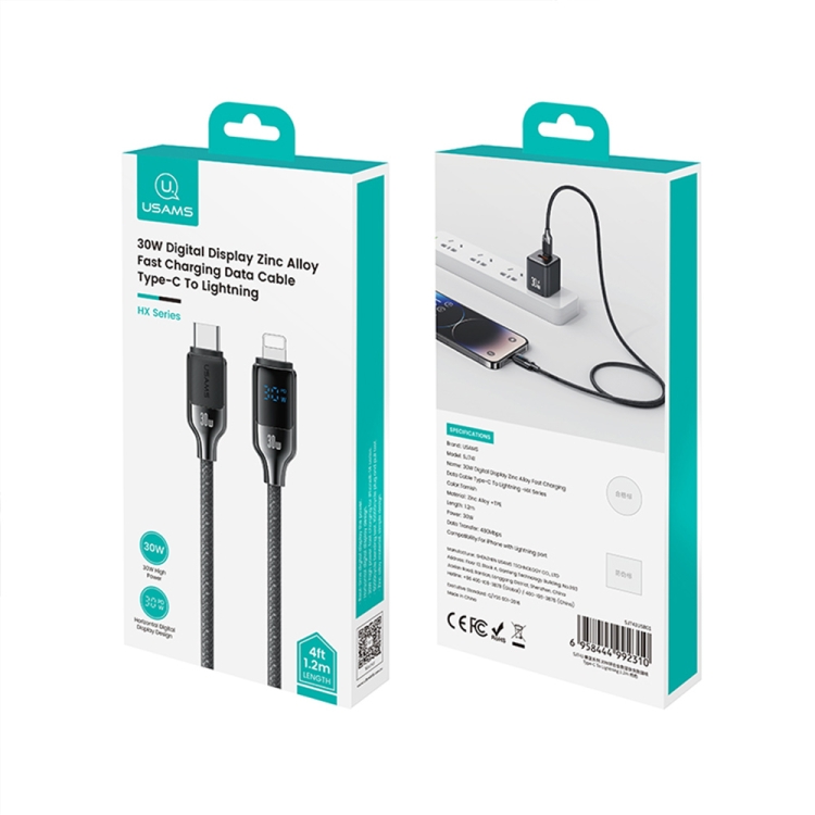 USAMS SJ741 30W USB-C / Type-C to 8 Pin Zinc Alloy Digital Display Fast Data Cable, Length: 1.2m(Gun Color) USAMS SJ741 30W USB-C / Type-C to 8 Pin Zinc Alloy Digital Display Fast Data Cable, Length: 1.2m(Gun Color)