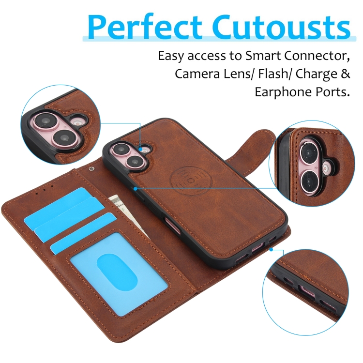For iPhone 16 Calf Texture 2 in 1 Detachable Magnetic Back Cover Leather Case(Brown) For iPhone 16 Calf Texture 2 in 1 Detachable Magnetic Back Cover Leather Case(Brown)