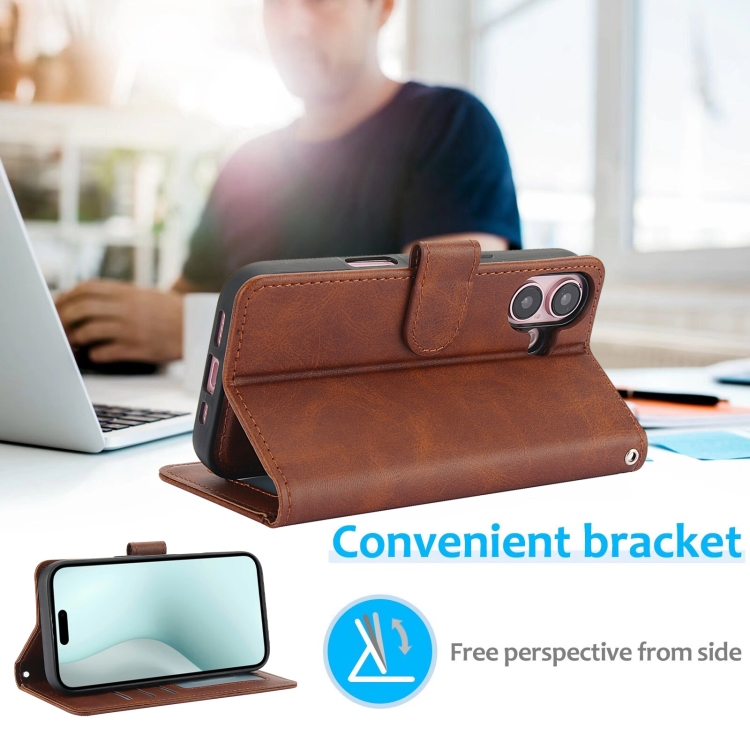 For iPhone 16 Calf Texture 2 in 1 Detachable Magnetic Back Cover Leather Case(Brown) For iPhone 16 Calf Texture 2 in 1 Detachable Magnetic Back Cover Leather Case(Brown)