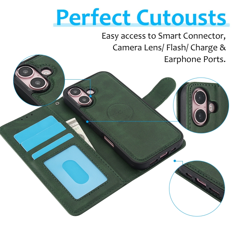 For iPhone 16 Plus Calf Texture 2 in 1 Detachable Magnetic Back Cover Leather Case(Green) For iPhone 16 Plus Calf Texture 2 in 1 Detachable Magnetic Back Cover Leather Case(Green)