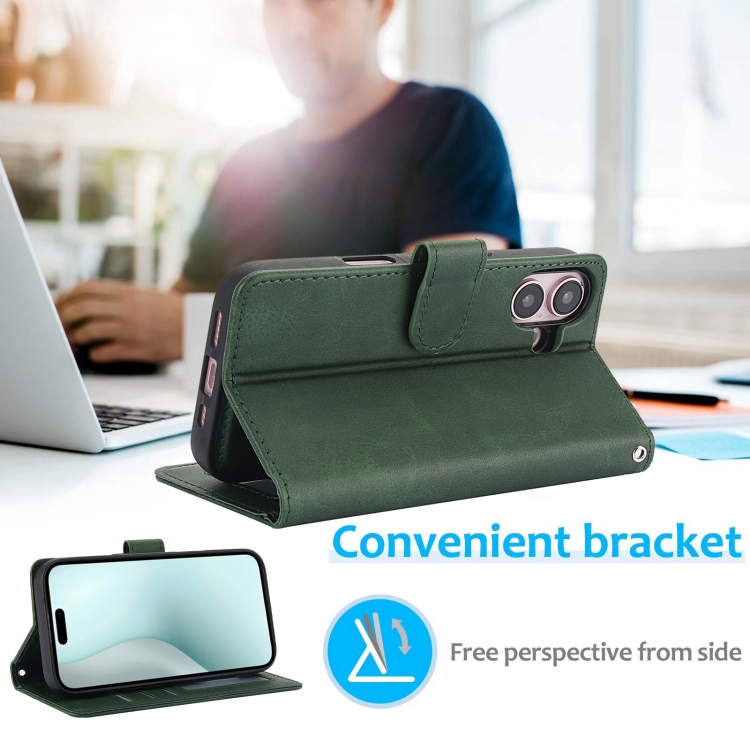 For iPhone 16 Plus Calf Texture 2 in 1 Detachable Magnetic Back Cover Leather Case(Green) For iPhone 16 Plus Calf Texture 2 in 1 Detachable Magnetic Back Cover Leather Case(Green)