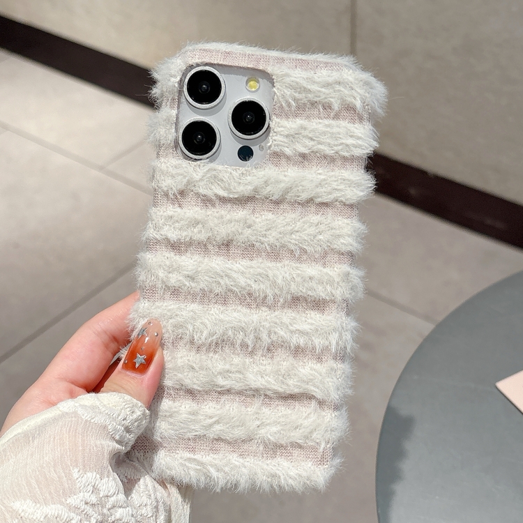 For iPhone 16 Horizontal Striped Plush TPU Phone Case(Pink White)