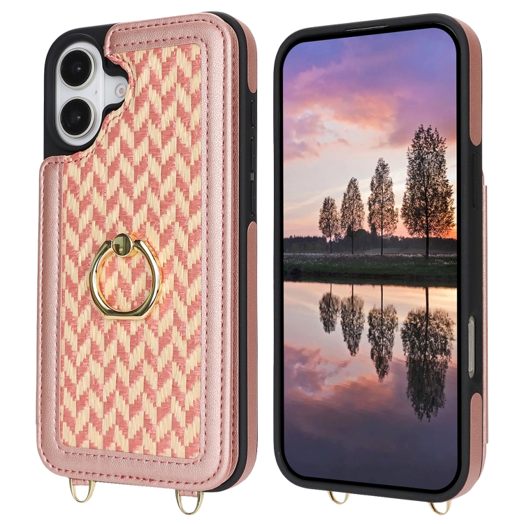 For iPhone 16 Double Bckle Card Slot Full Coverage Phone Case with Cross-body Strap(Rose Gold) For iPhone 16 Double Bckle Card Slot Full Coverage Phone Case with Cross-body Strap(Rose Gold)