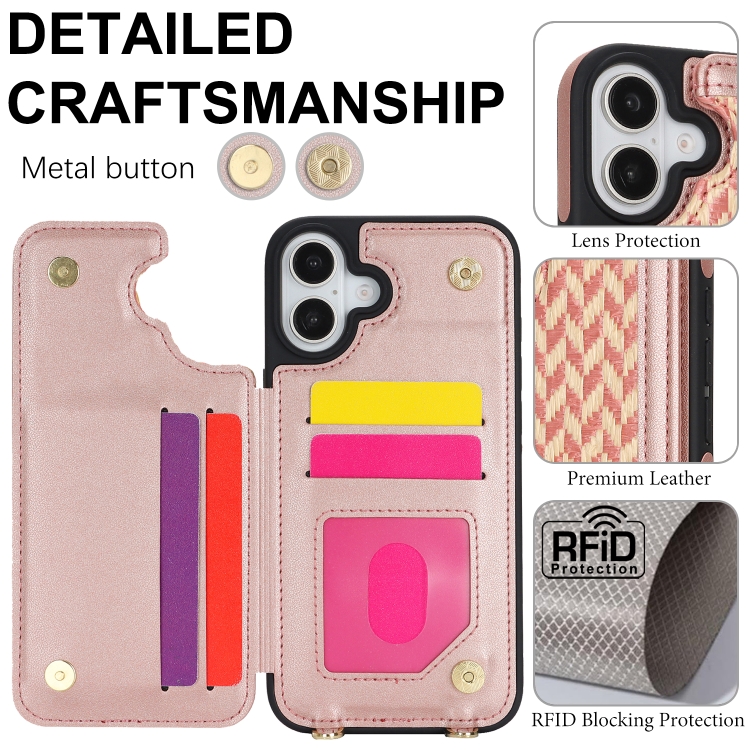 For iPhone 16 Double Bckle Card Slot Full Coverage Phone Case with Cross-body Strap(Rose Gold) For iPhone 16 Double Bckle Card Slot Full Coverage Phone Case with Cross-body Strap(Rose Gold)