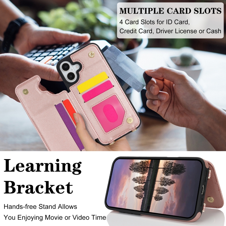 For iPhone 16 Double Bckle Card Slot Full Coverage Phone Case with Cross-body Strap(Rose Gold) For iPhone 16 Double Bckle Card Slot Full Coverage Phone Case with Cross-body Strap(Rose Gold)