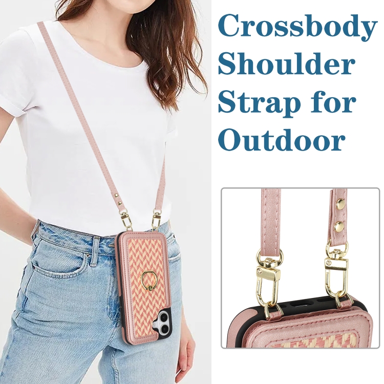 For iPhone 16 Double Bckle Card Slot Full Coverage Phone Case with Cross-body Strap(Rose Gold) For iPhone 16 Double Bckle Card Slot Full Coverage Phone Case with Cross-body Strap(Rose Gold)