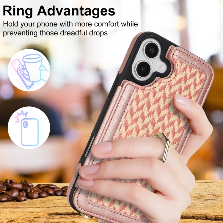 For iPhone 16 Double Bckle Card Slot Full Coverage Phone Case with Cross-body Strap(Rose Gold) For iPhone 16 Double Bckle Card Slot Full Coverage Phone Case with Cross-body Strap(Rose Gold)