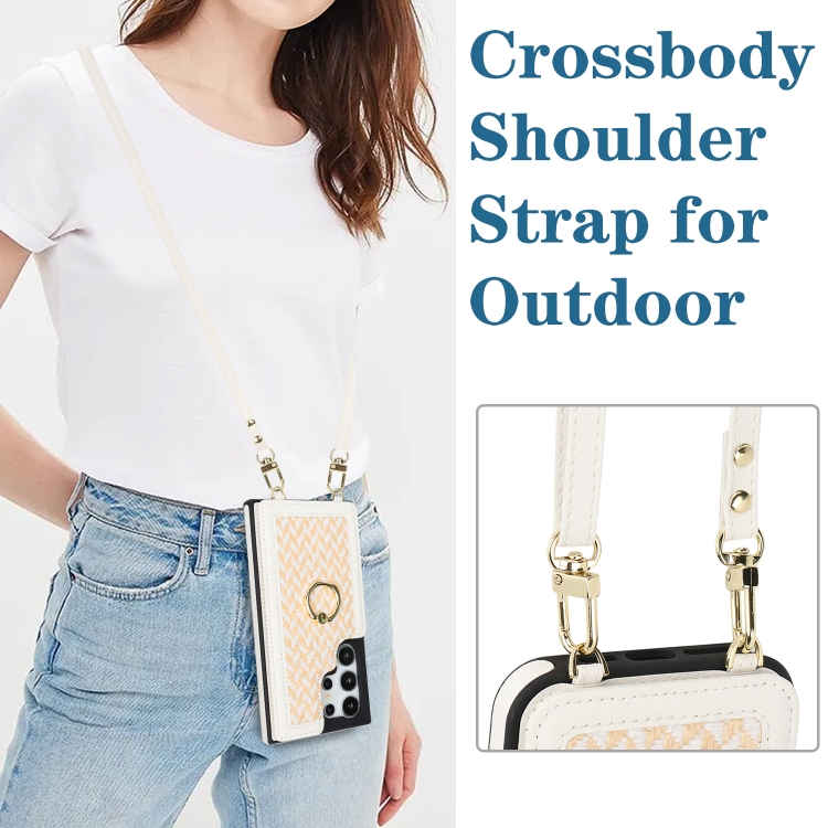 For Samsung Galaxy S24 Ultra 5G Double Bckle Card Slot Full Coverage Phone Case with Cross-body Strap(White)