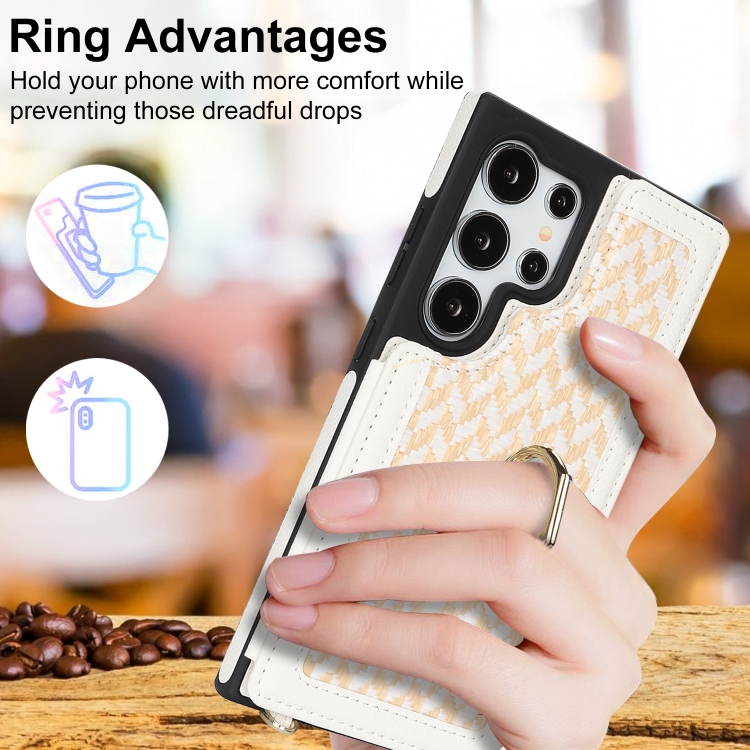 For Samsung Galaxy S24 Ultra 5G Double Bckle Card Slot Full Coverage Phone Case with Cross-body Strap(White)