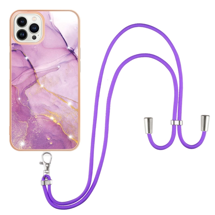 For iPhone 16 Pro Electroplating Marble Dual-side IMD Phone Case with Lanyard(Purple 001)