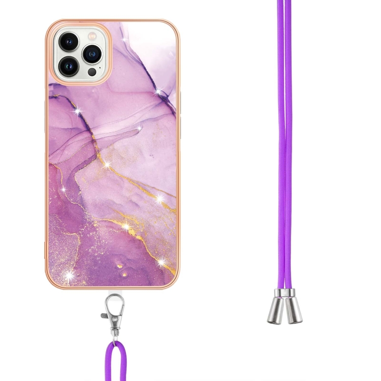 For iPhone 16 Pro Electroplating Marble Dual-side IMD Phone Case with Lanyard(Purple 001)