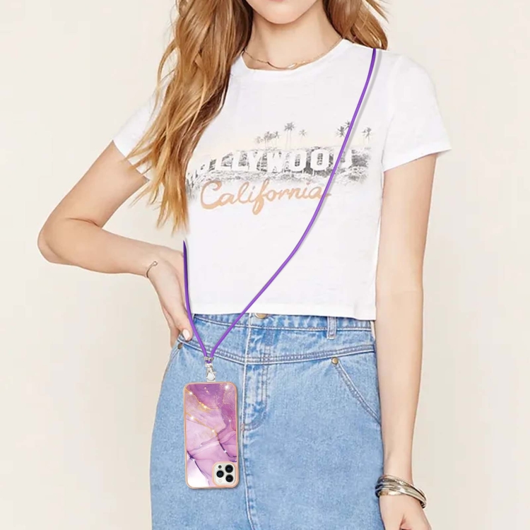 For iPhone 16 Pro Electroplating Marble Dual-side IMD Phone Case with Lanyard(Purple 001)
