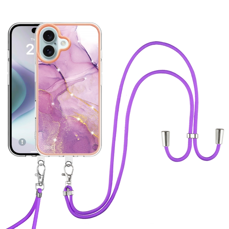 For iPhone 16 Plus Electroplating Marble Dual-side IMD Phone Case with Lanyard(Purple 001) For iPhone 16 Plus Electroplating Marble Dual-side IMD Phone Case with Lanyard(Purple 001)