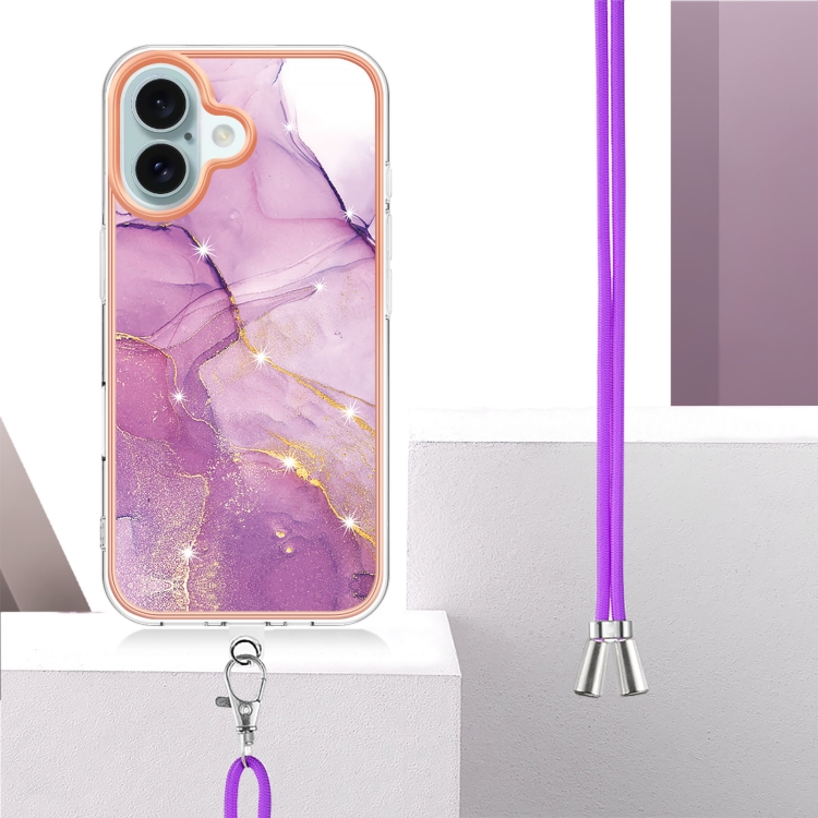 For iPhone 16 Plus Electroplating Marble Dual-side IMD Phone Case with Lanyard(Purple 001) For iPhone 16 Plus Electroplating Marble Dual-side IMD Phone Case with Lanyard(Purple 001)
