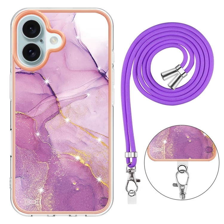 For iPhone 16 Plus Electroplating Marble Dual-side IMD Phone Case with Lanyard(Purple 001) For iPhone 16 Plus Electroplating Marble Dual-side IMD Phone Case with Lanyard(Purple 001)