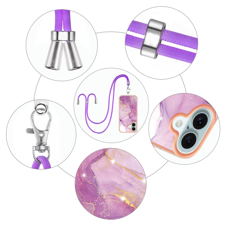 For iPhone 16 Plus Electroplating Marble Dual-side IMD Phone Case with Lanyard(Purple 001) For iPhone 16 Plus Electroplating Marble Dual-side IMD Phone Case with Lanyard(Purple 001)