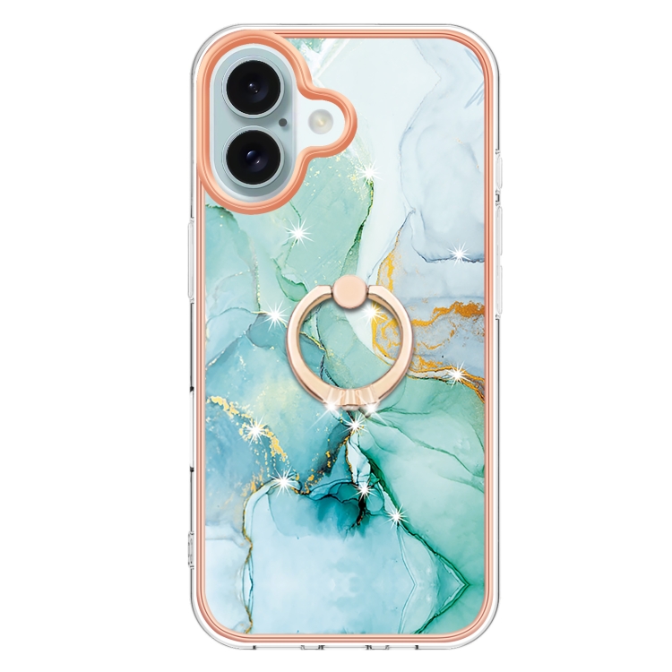 For iPhone 16 Plus Electroplating Marble IMD TPU Phone Case with Ring Holder(Green 003) For iPhone 16 Plus Electroplating Marble IMD TPU Phone Case with Ring Holder(Green 003)