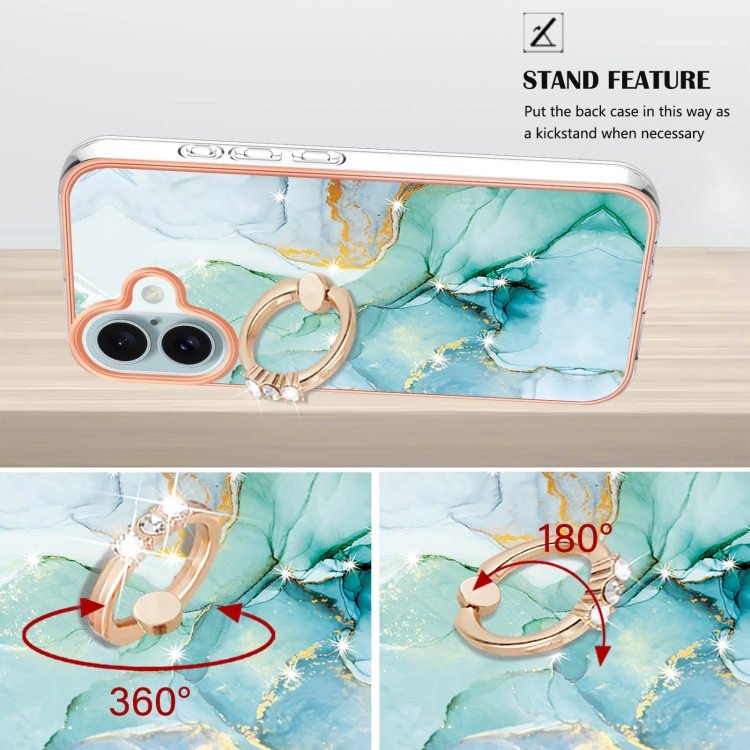 For iPhone 16 Plus Electroplating Marble IMD TPU Phone Case with Ring Holder(Green 003) For iPhone 16 Plus Electroplating Marble IMD TPU Phone Case with Ring Holder(Green 003)