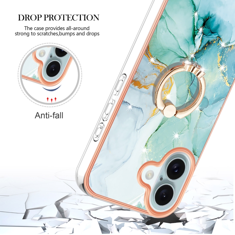 For iPhone 16 Plus Electroplating Marble IMD TPU Phone Case with Ring Holder(Green 003) For iPhone 16 Plus Electroplating Marble IMD TPU Phone Case with Ring Holder(Green 003)