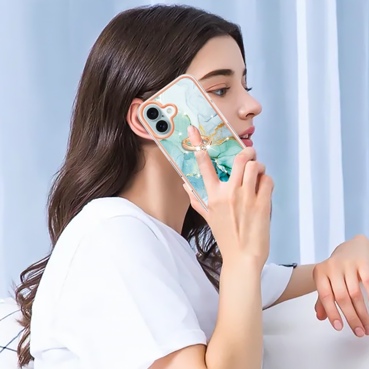 For iPhone 16 Plus Electroplating Marble IMD TPU Phone Case with Ring Holder(Green 003) For iPhone 16 Plus Electroplating Marble IMD TPU Phone Case with Ring Holder(Green 003)