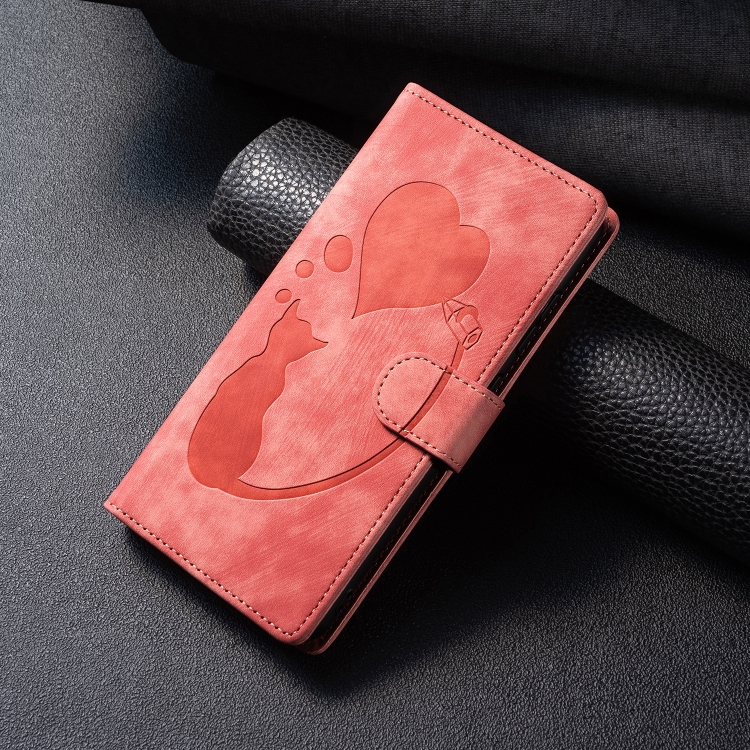 For Samsung Galaxy S25 5G Pen Heart Cat Embossed Leather Phone Case(Orange)