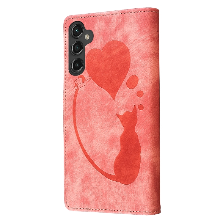 For Samsung Galaxy S25 5G Pen Heart Cat Embossed Leather Phone Case(Orange)