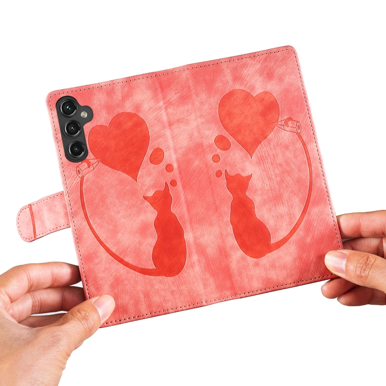 For Samsung Galaxy S25 5G Pen Heart Cat Embossed Leather Phone Case(Orange)