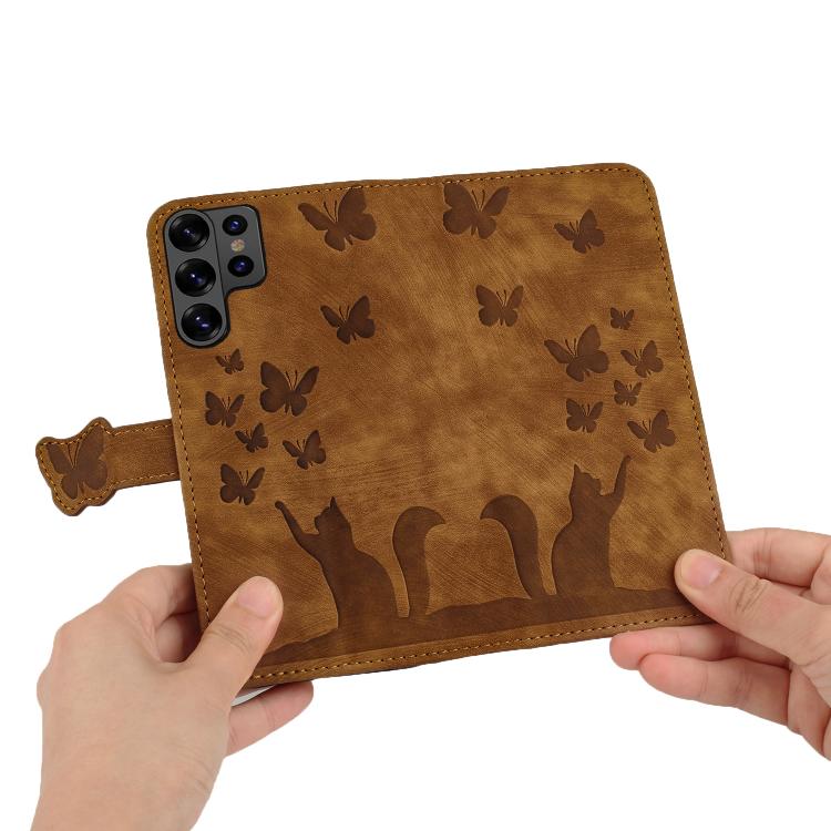 For Samsung Galaxy S26 Ultra 5G Butterfly Cat Embossing Flip Leather Phone Case(Brown)