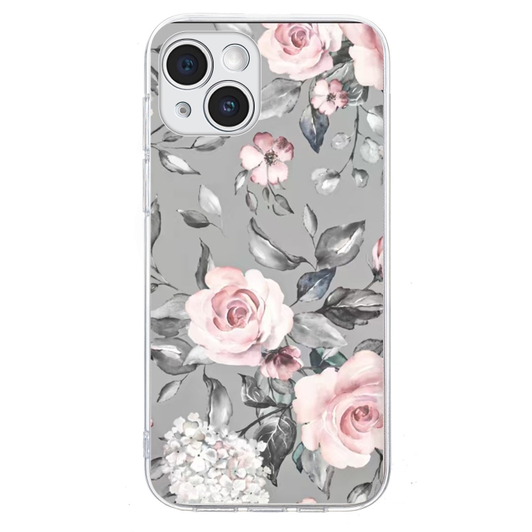 For iPhone 15 Plus Colorful Painting Pattern TPU Phone Case(Flowers On Grey)