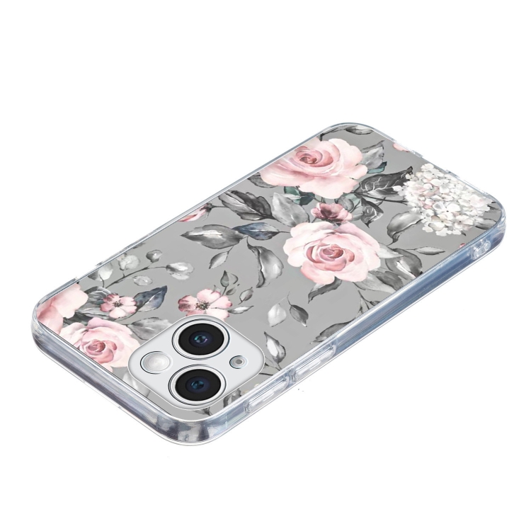 For iPhone 15 Plus Colorful Painting Pattern TPU Phone Case(Flowers On Grey)