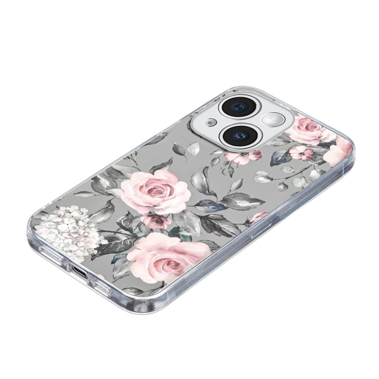 For iPhone 15 Plus Colorful Painting Pattern TPU Phone Case(Flowers On Grey)