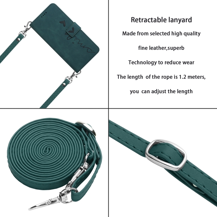 For Samsung Galaxy S25 / S24 5G Skin Feel Heart Embossed Leather Phone Case with Long Lanyard(Green) For Samsung Galaxy S25 / S24 5G Skin Feel Heart Embossed Leather Phone Case with Long Lanyard(Green)