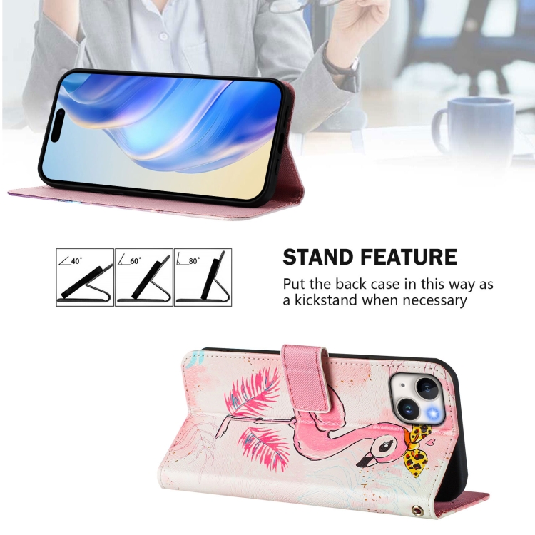 For iPhone 14 Plus Art Colored Drawing Pattern Leather Phone Case(Flamingo) For iPhone 14 Plus Art Colored Drawing Pattern Leather Phone Case(Flamingo)