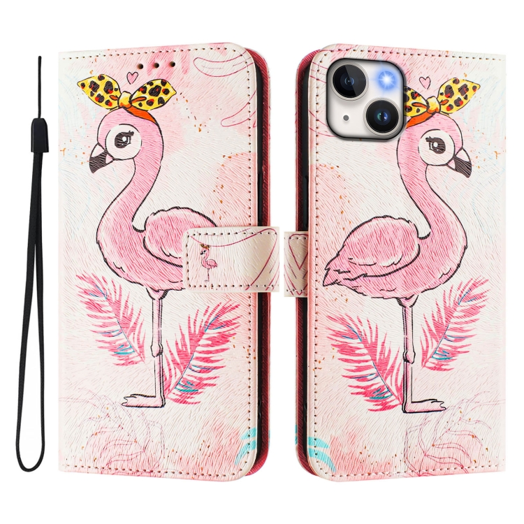 For iPhone 14 Plus Art Colored Drawing Pattern Leather Phone Case(Flamingo) For iPhone 14 Plus Art Colored Drawing Pattern Leather Phone Case(Flamingo)