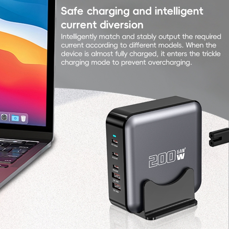 200W GaN 3 Type-C 2 USB Multi Ports Sharing Desktop Charger, Plug:US Plug(Grey) 200W GaN 3 Type-C 2 USB Multi Ports Sharing Desktop Charger, Plug:US Plug(Grey)