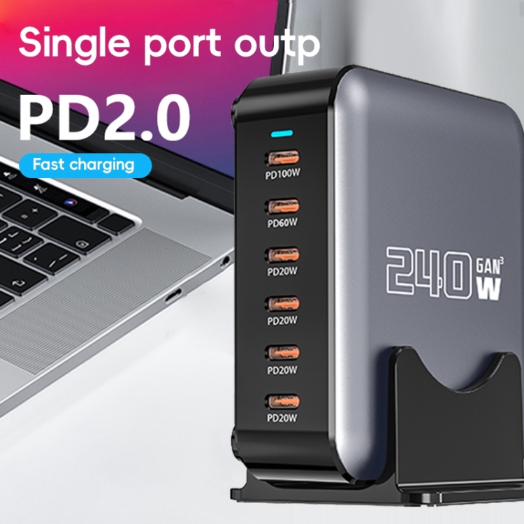 240W GaN 6-Ports USB-C / Type-C Multi Sharing Desktop Charger, Plug:AU Plug(Grey)
