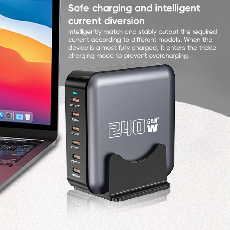 240W GaN 6-Ports USB-C / Type-C Multi Sharing Desktop Charger, Plug:AU Plug(Grey)