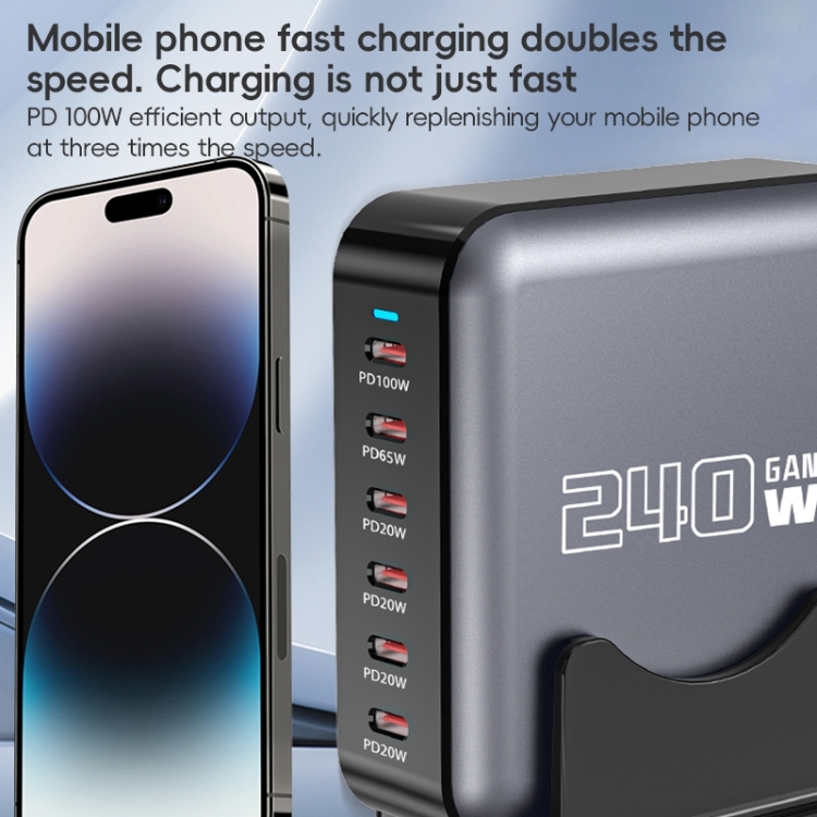 240W GaN 6-Ports USB-C / Type-C Multi Sharing Desktop Charger, Plug:AU Plug(Grey)